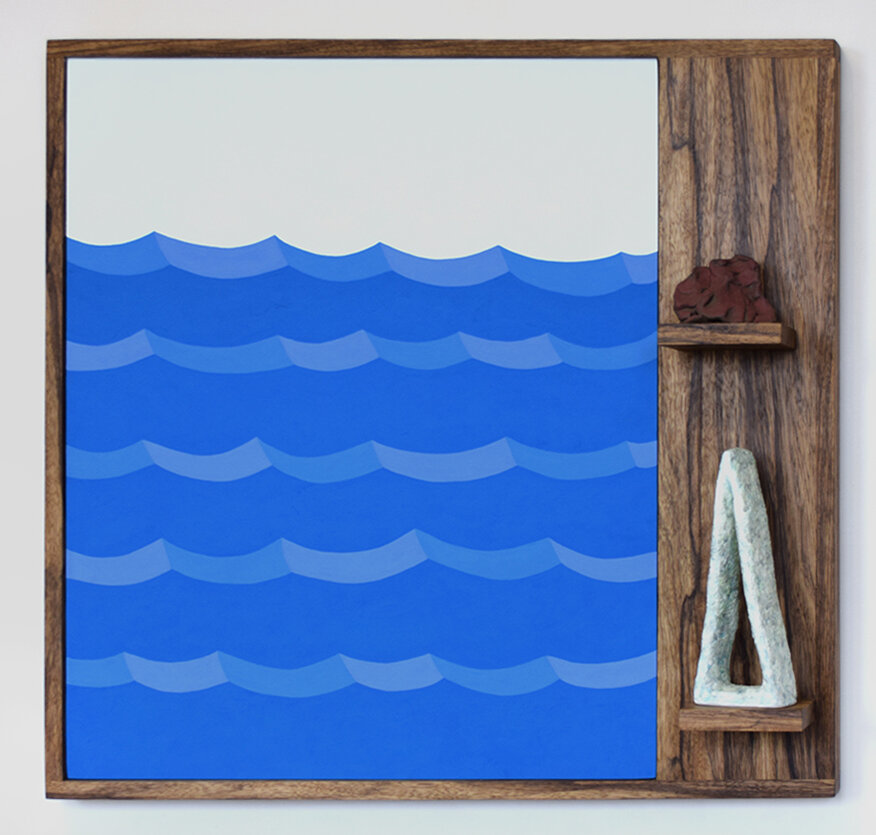   Sea &amp; Shapes 1 , 2018  25 x 27 x 5 inches  Flashe on panel, black limba, varnish, and ceramic 