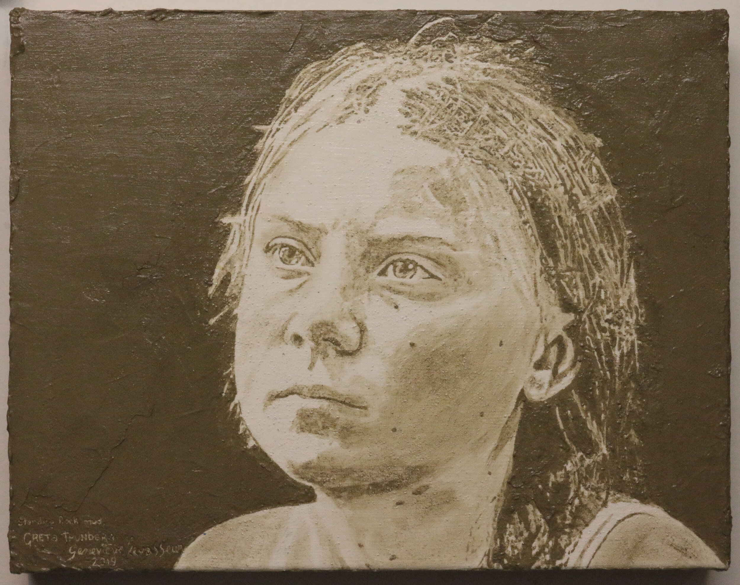 Greta Thunberg. Standing Rock MUD + gel medium on canvas 12" x 16".