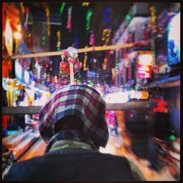 A rickshaw ride through the busy tourist area of Thamel