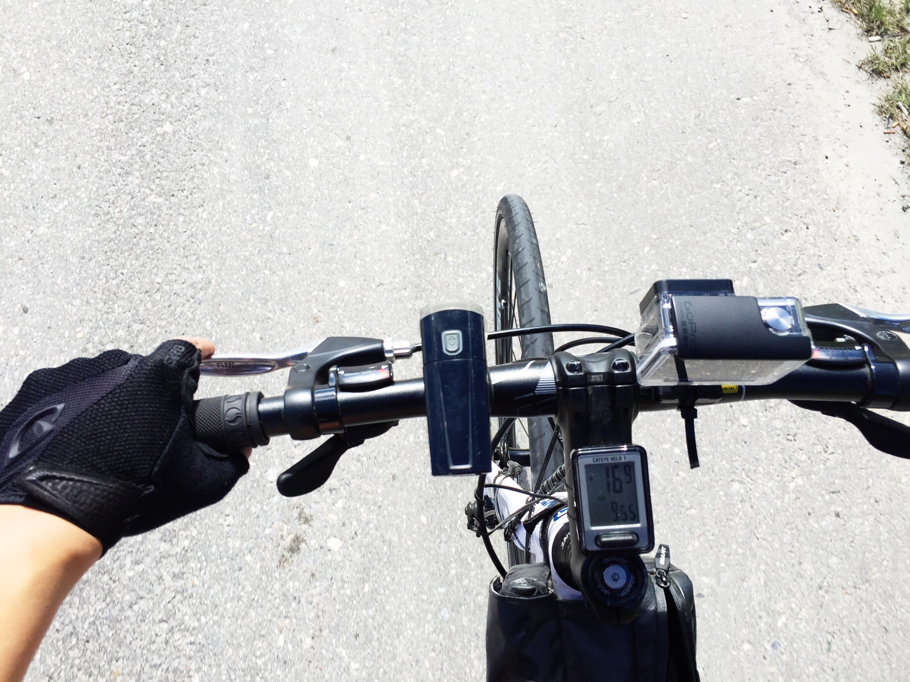 My bike setup with lights, trip meter, and GoPro. 