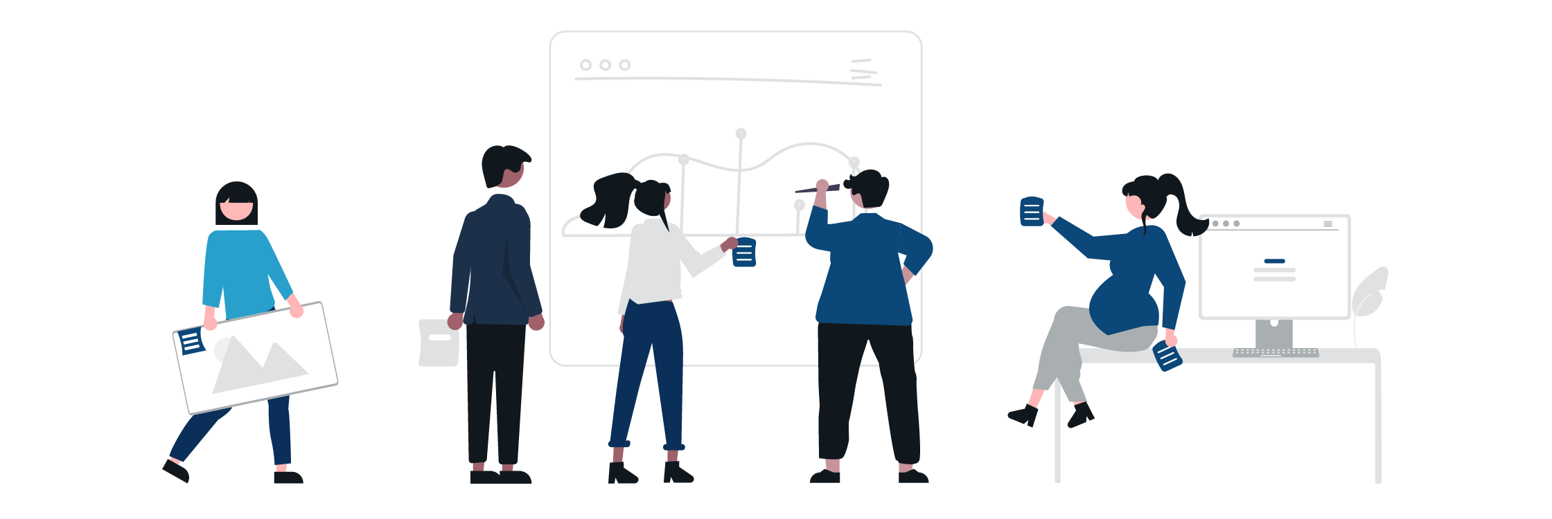 Illustration of diverse people collaborating on a tech project