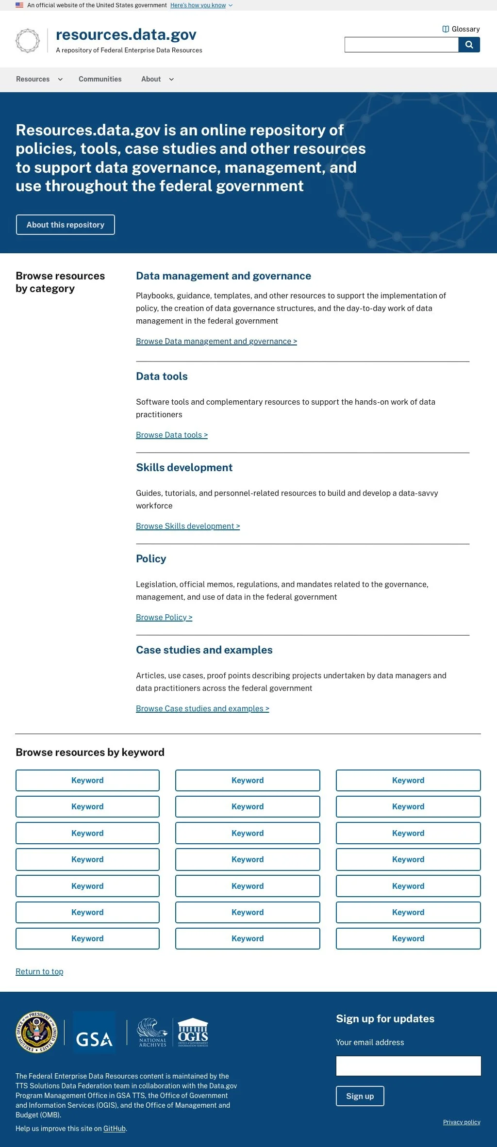 Home page of the resources.data.gov website