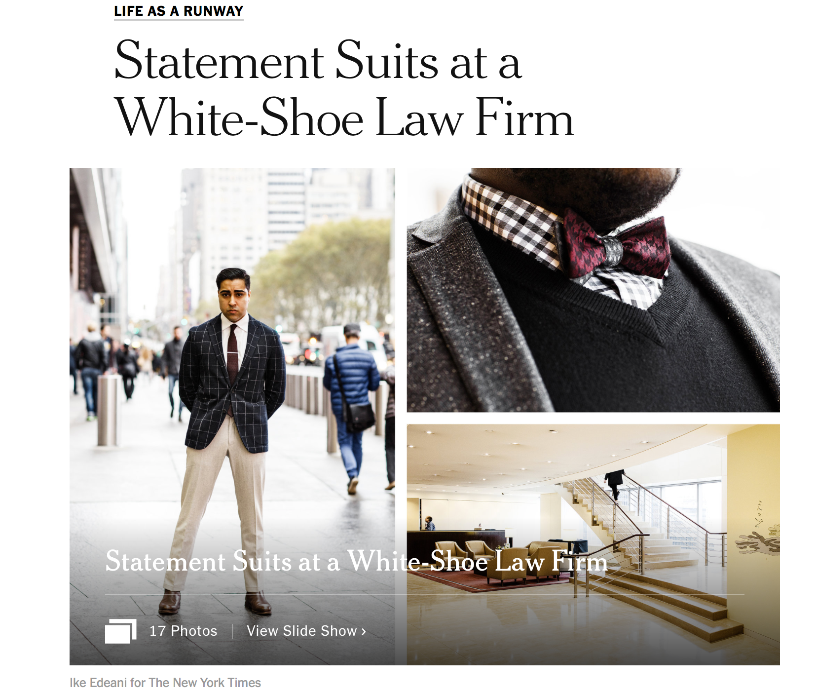The New York Times, "Statement Suits at a White-Shoe Law Firm"