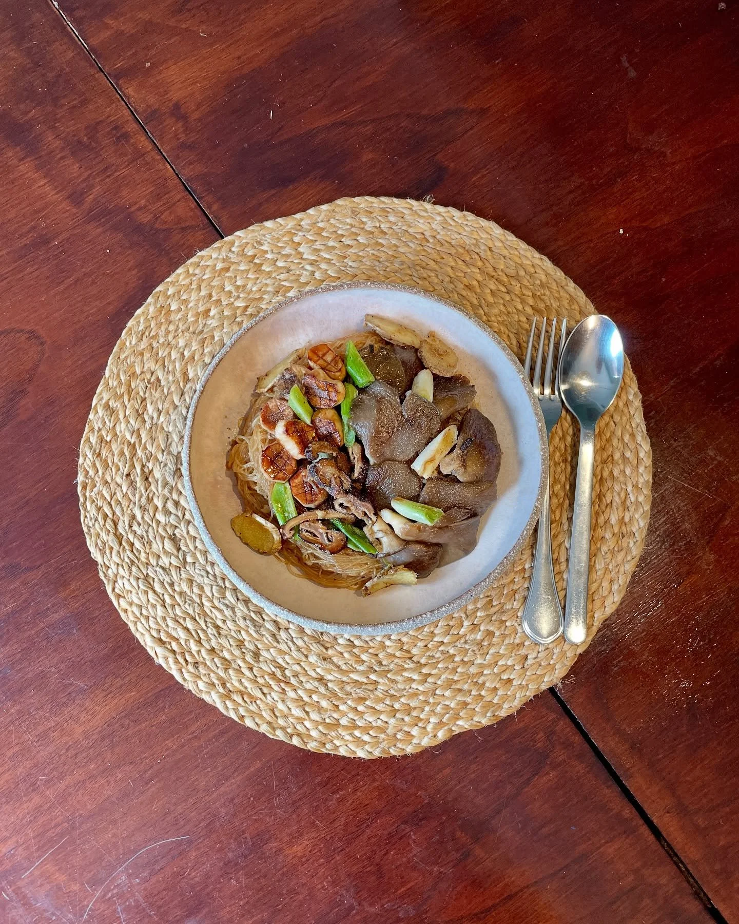 Vegan baked glass noodles with oyster mushrooms, eryngii, shiitake, scallions, ginger, and white pepper. 

It doesn&rsquo;t take many steps to turn a classic Thai dish like this which is often served with shrimp to a vegan dish. With Thai food, the m