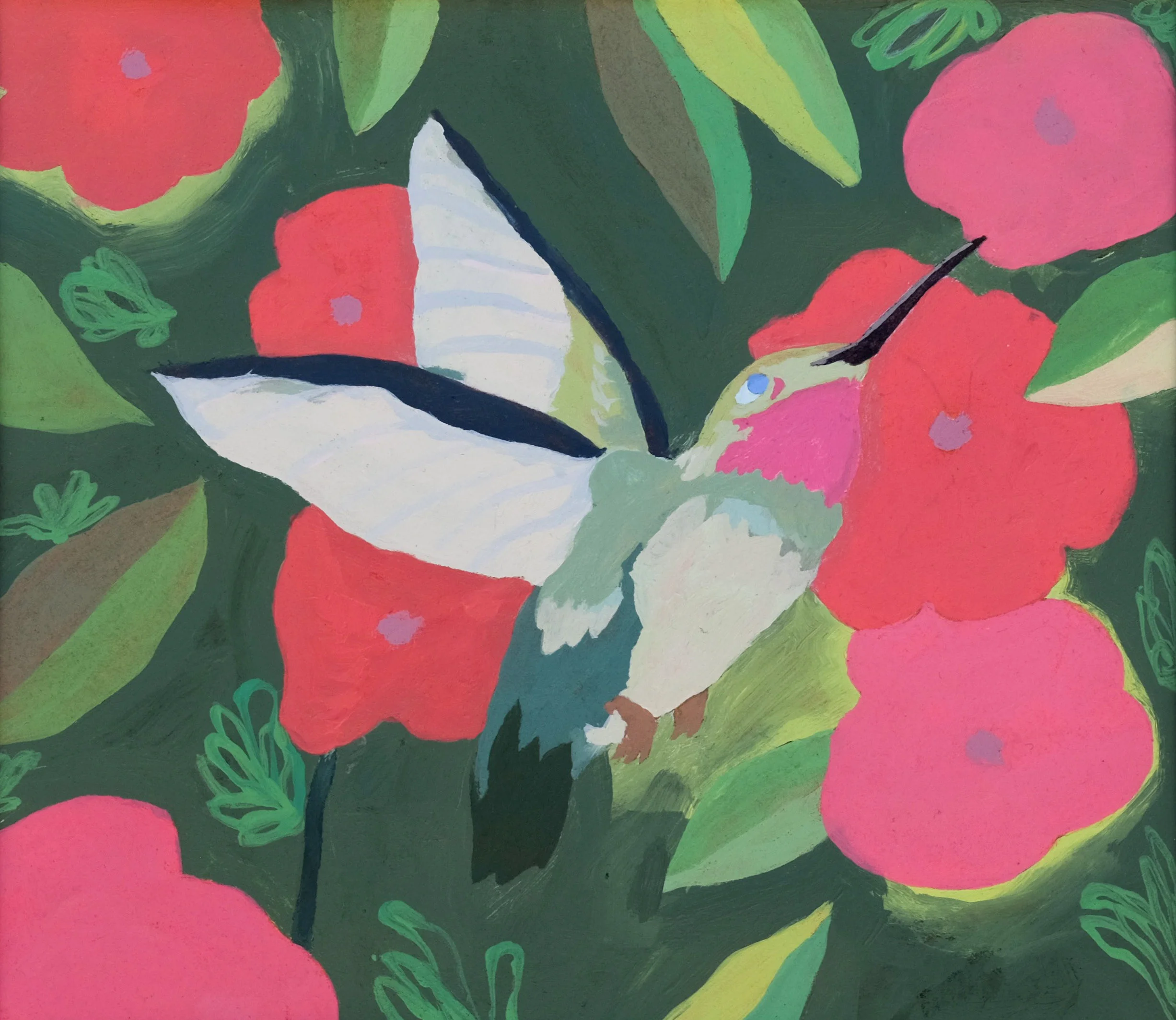 Hummingbird with Red Flowers in Bloom, 5 1/4" x 4 1/2", acrylic on paper