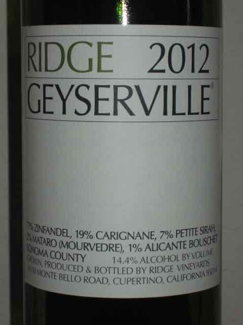 Ridge Geyserville -- 2012 ($30) A wonderfully complex blend of Zinfandel, Carignane, Petite Sirah, Mourvedre and Alicante Bouschet. The 71% Zinfandel nearly qualifies this as being labeled as a varietal, but the other grapes blended into the wine give it a smooth and rich depth of character. Made from sustainably grown grapes, Ridge Geyserville is a winner!