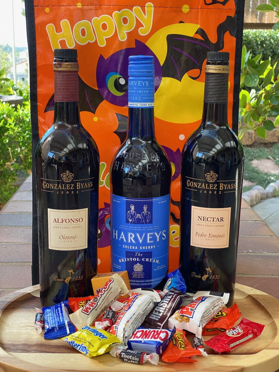  Well, it’s Halloween time and that means candy. Lots of candy! And I suggest pairing that candy with Sherry. So, I gathered up three nice bottles of Sherry and a bunch of candy and went to work!  First was the Harveys Bristol Cream ($20). It’s the n