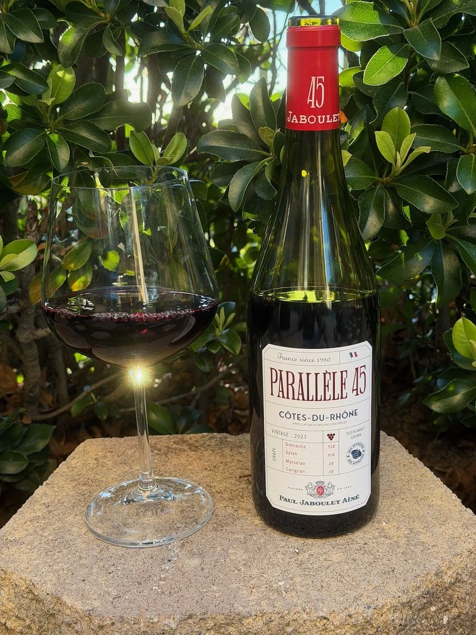   2023 Paul Jaboulet Aîné Parallèle 45 Côtes-du-Rhône Rouge ($15.99)   Parallèle 45 is named after the earth’s 45th parallel, a famous circle of latitude that marks the midpoint between the equator and the North Pole. It also passes over the cellars 