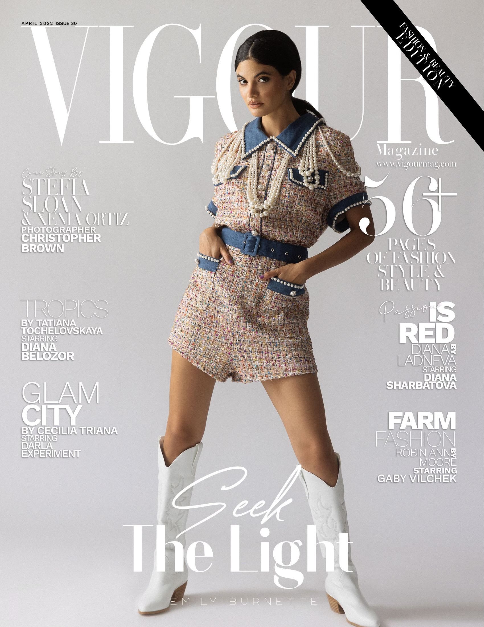  Vigour magazine cover with model in tweed jumpsuit. Styled by Emily Burnette. 