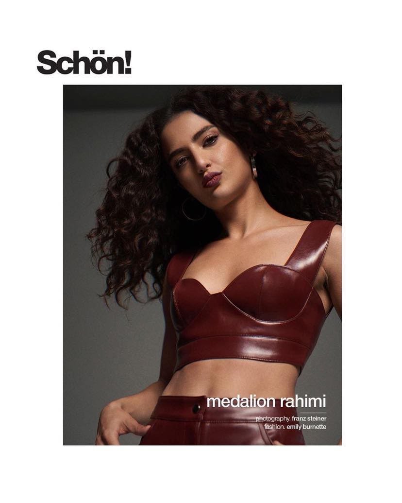  Medalion Rahimi for Schon magainze wearing burgundy crop top and pants. Styled by Emily Burnette.  