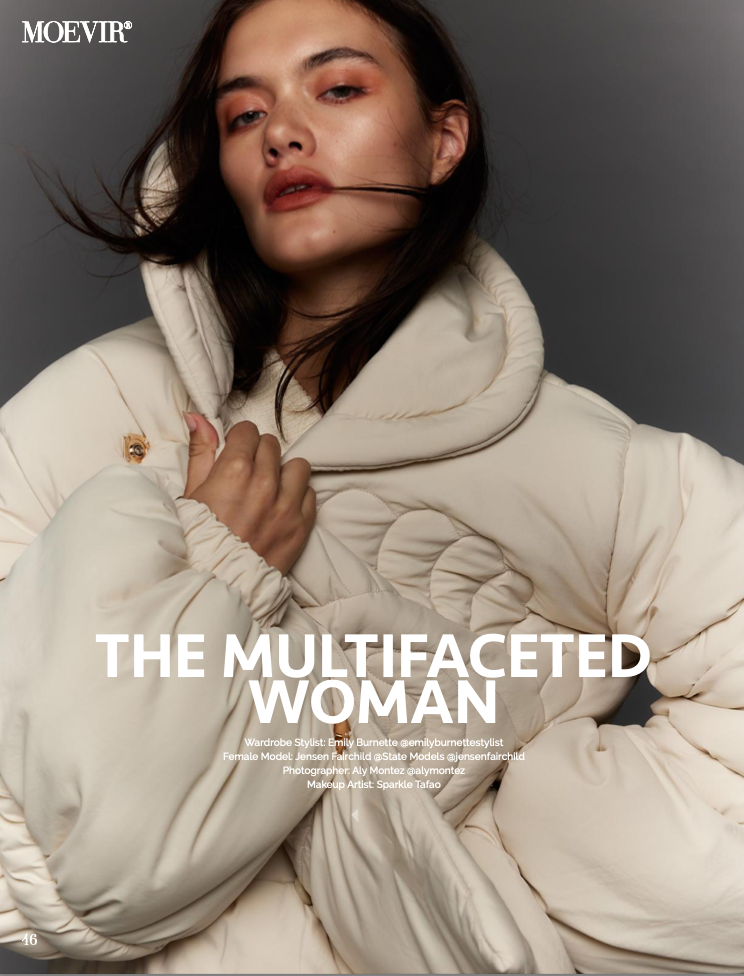  Moevir magazine feature of model in parka jacket. Styled by Emily Burnette. 