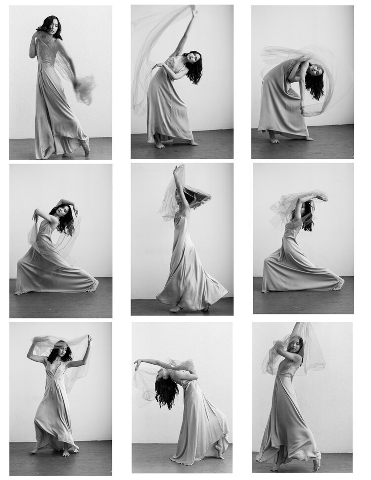  Model poses with flow dress and fabric for editorial shoot. Styled by Emily Burnette.  