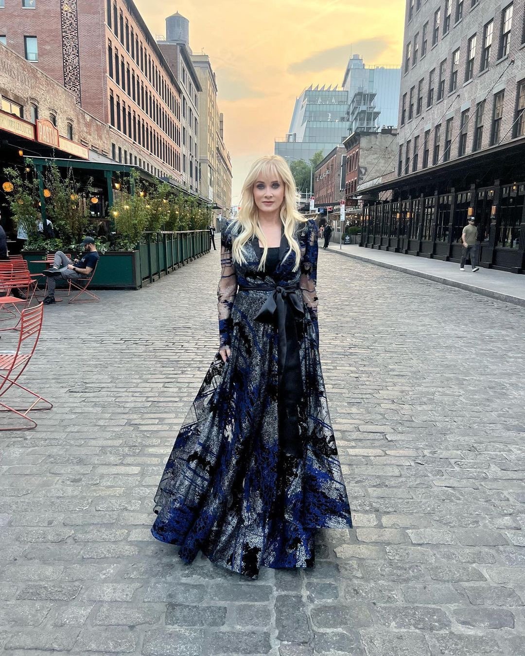  Actress Barbara Crampton wearing navy blue and black floral gown in Soho for Tribeca Film Festival.  
