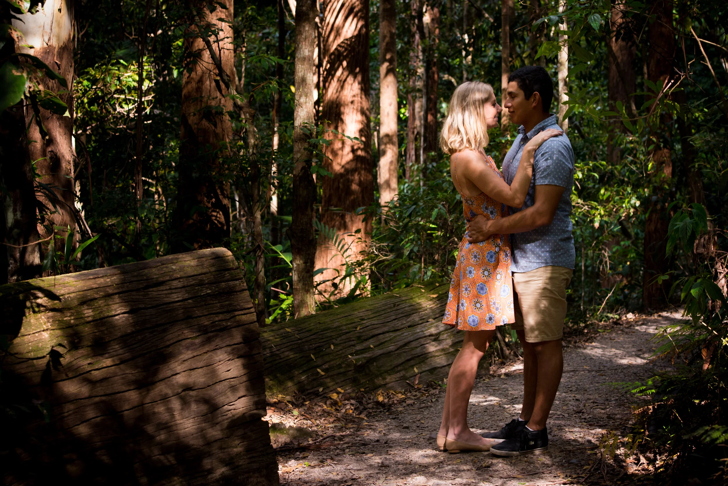 Engaged couple in rain forest