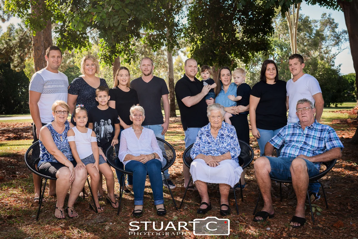 Large family group photo of four generations in Clayton Park Briggs Avenue Beachmere