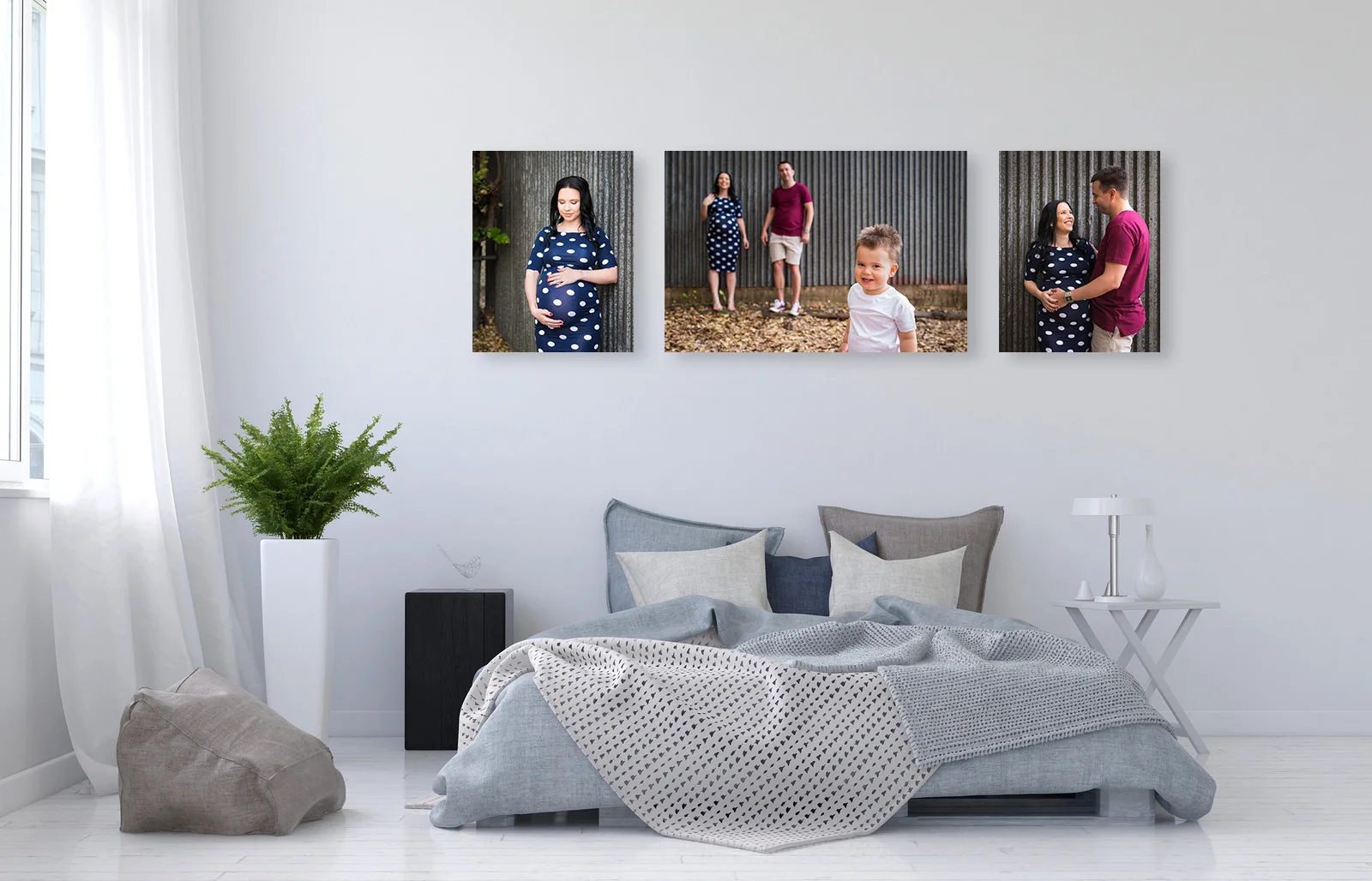 trio of family photos on canvas displayed above bed head on bedroom wall