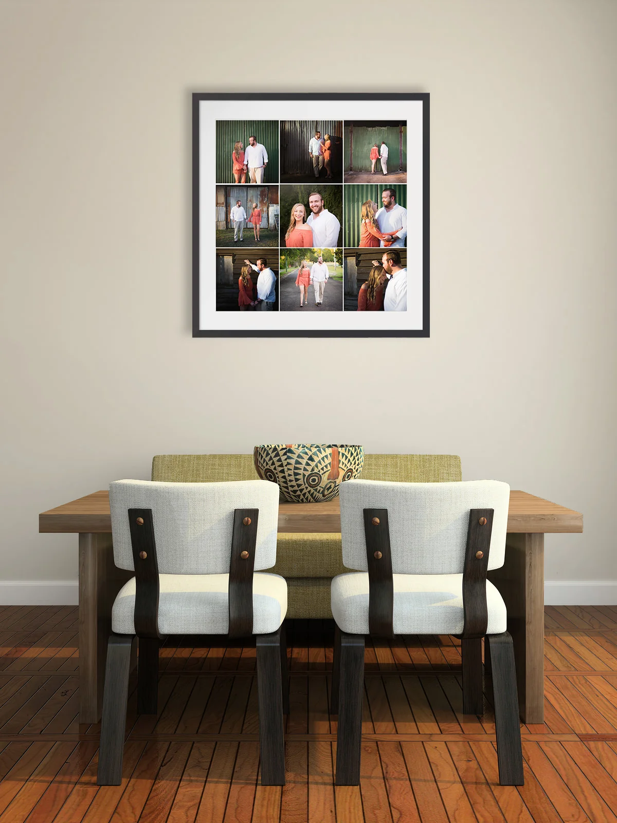 Grid of 9 engagement photos in square frame hanging above dining table
