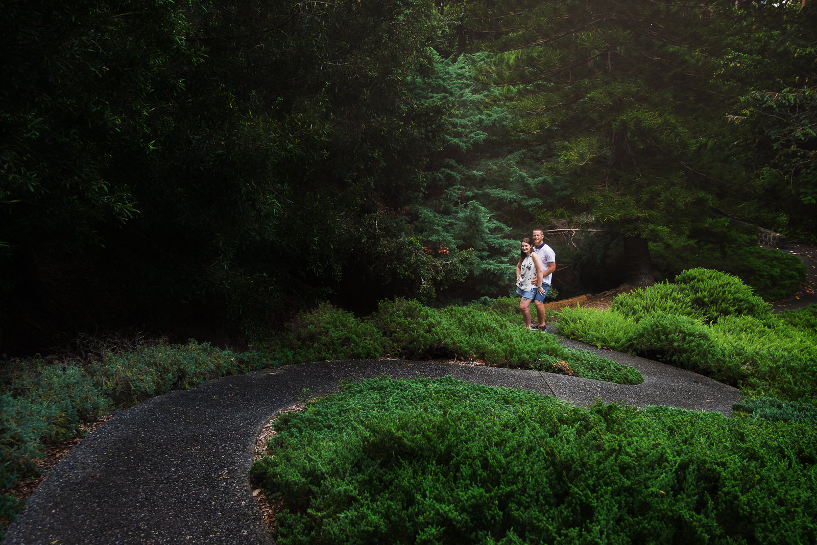 engaged couple standing at end of winding pathway through Mt Cootha Botanical Gardens