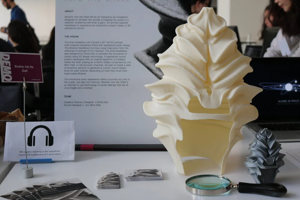Demo desk setup with audio sample, 16” 3D-printed scale sample, and VR audio algorithms for NYC Media Lab Summit 2017. We went on to present the work at Advertising Week TechX, attended by ~100,000, and Future Reality, all in Q4 of 2017.