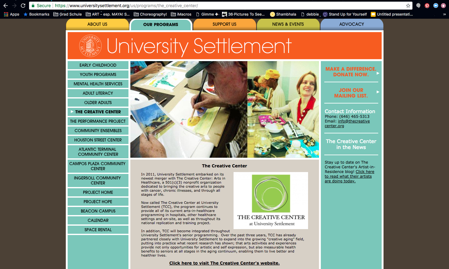University Settlement website ‘Our Programs’ page. The clients were concerned that the site had too many links, outdated content, and was confusing for their target users: recipients of the Settlement’s services and prospective donors.