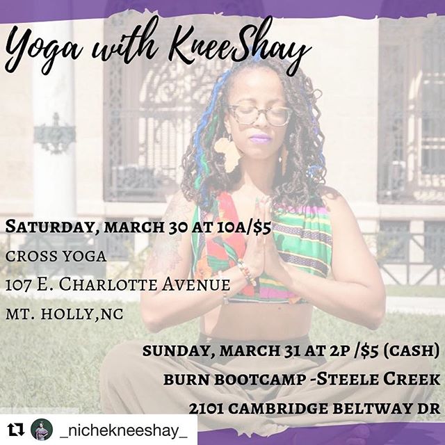 If you are in the Gastonia area, check out my amazing friend @_nichekneeshay_ at @thecrossyoga on Sat. or in the CLT area at @burnbootcampsteelecreeknc on Sunday! You will not regret it.😉
・・・
Yoga anyone???? Come join me for a dose of rejuvenation, self exploration and most importantly love.