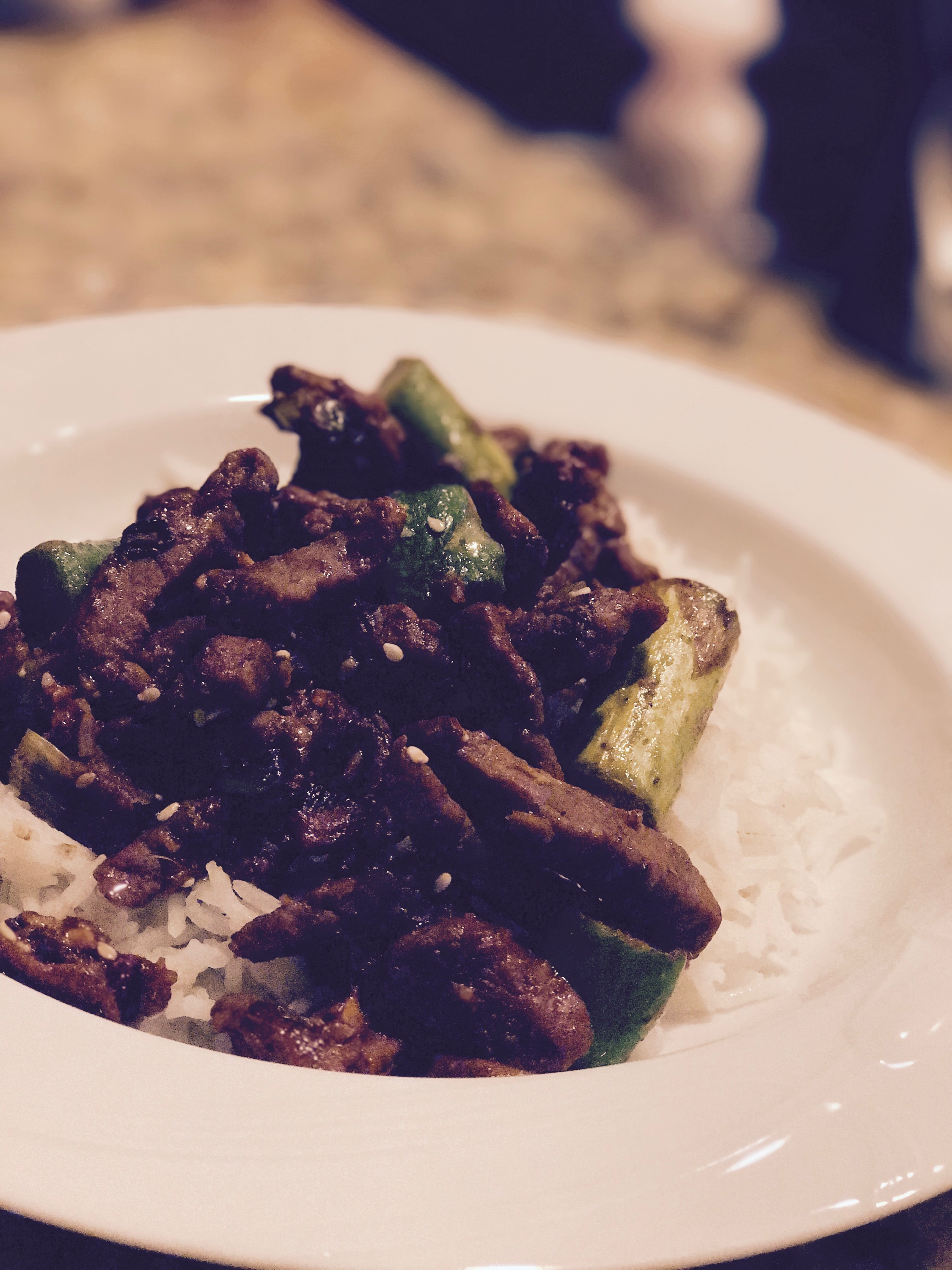 Ginger beef with asparagus over Basmati rice