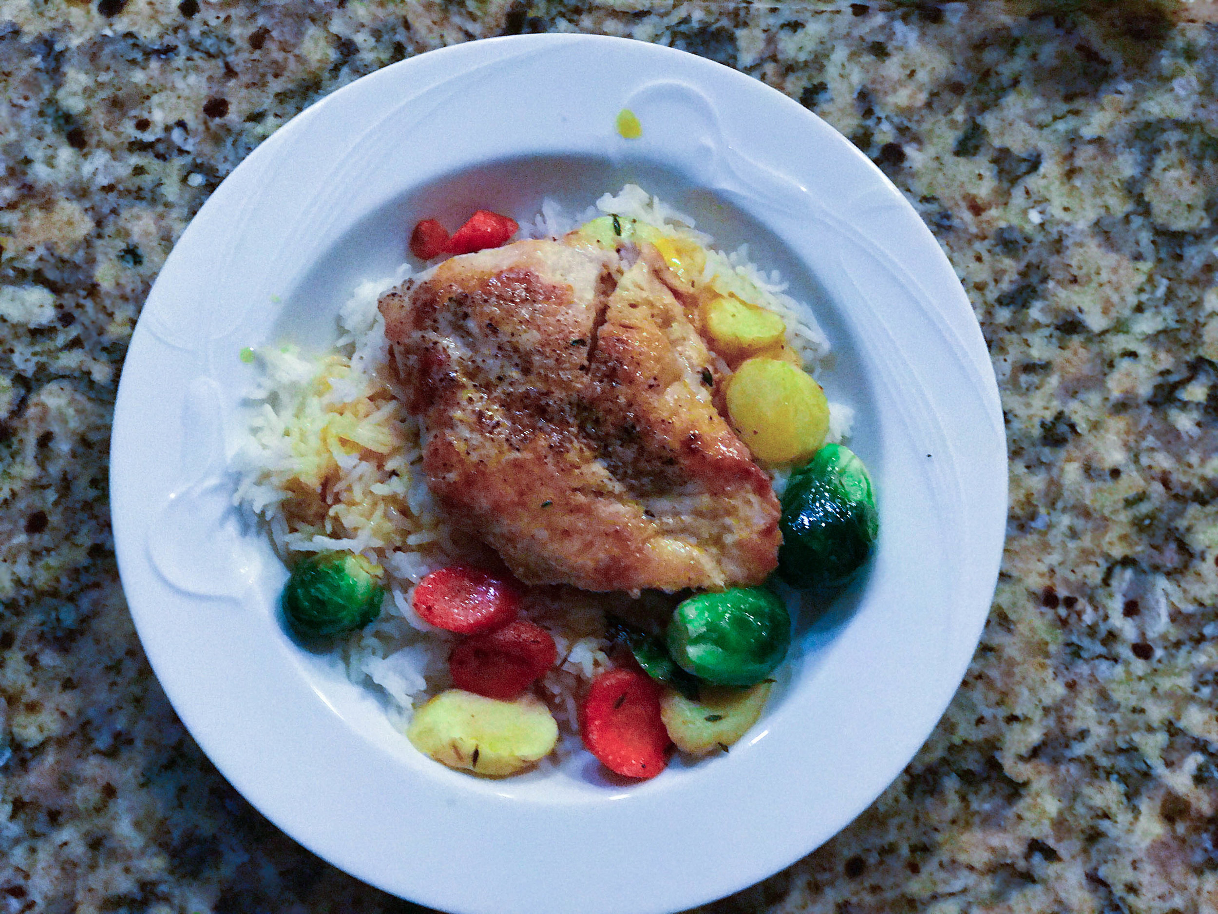 Seasoned chicken with Brussel sprouts, parsnip, and carrots