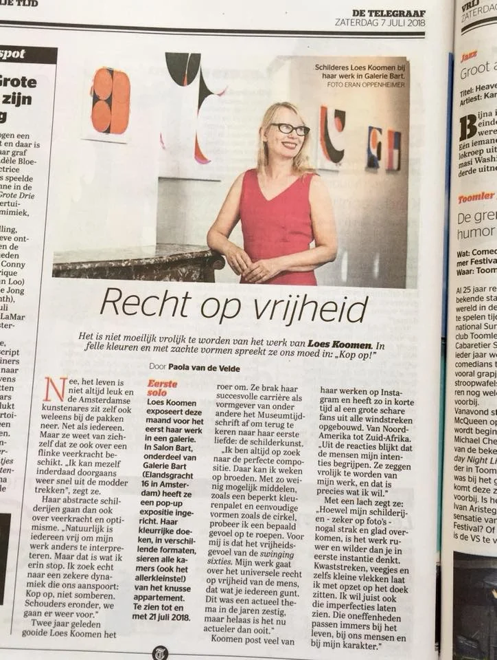 Recensie soloexpo 'Room to Move' bij Galerie Bart, Amsterdam, door Paola van de Velde, De Telegraaf 7, juli 2018