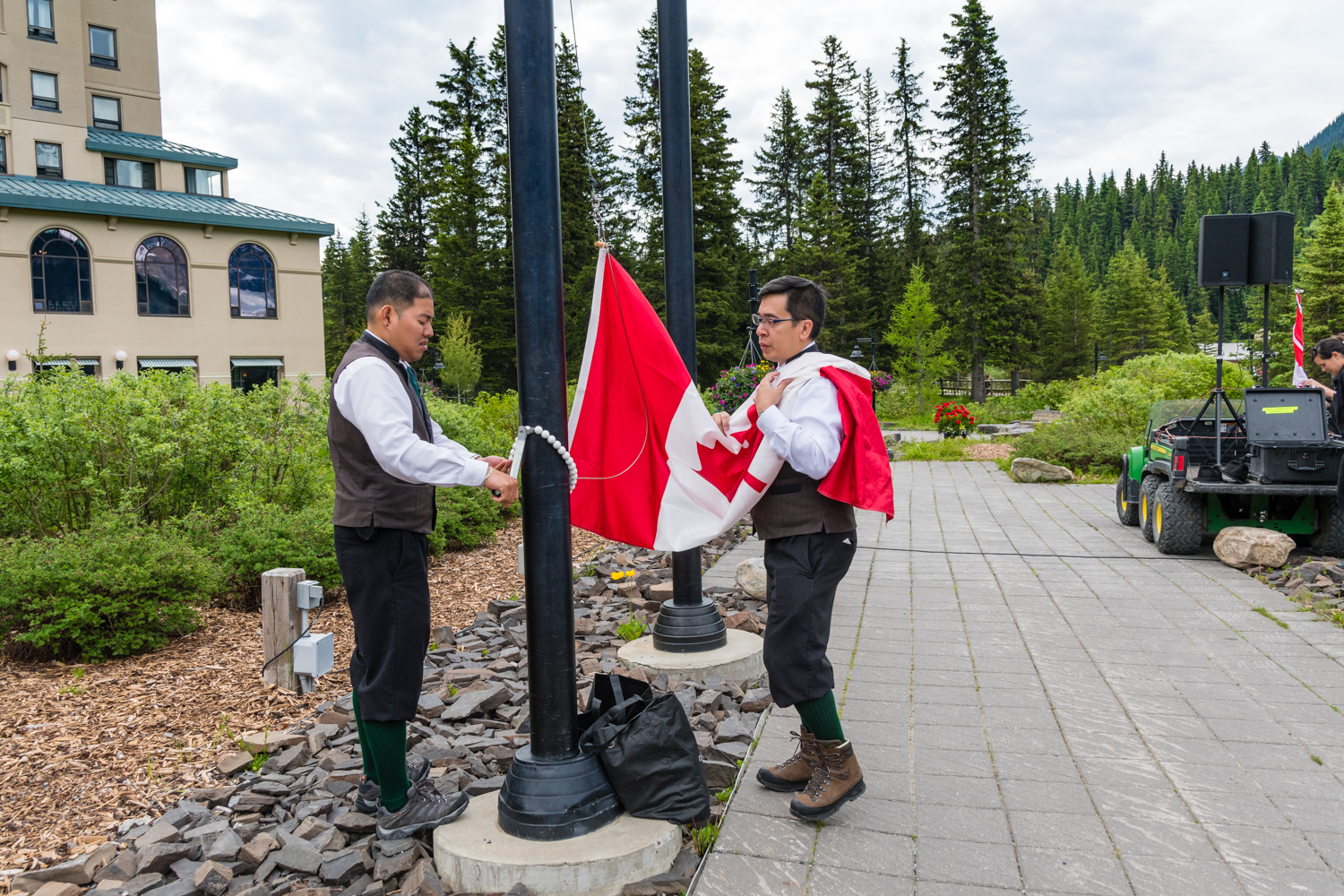 Preparing to raise the Canadian flag. Quite an honour to be fair. This was the second of the Canada day activities at Lake Louise.