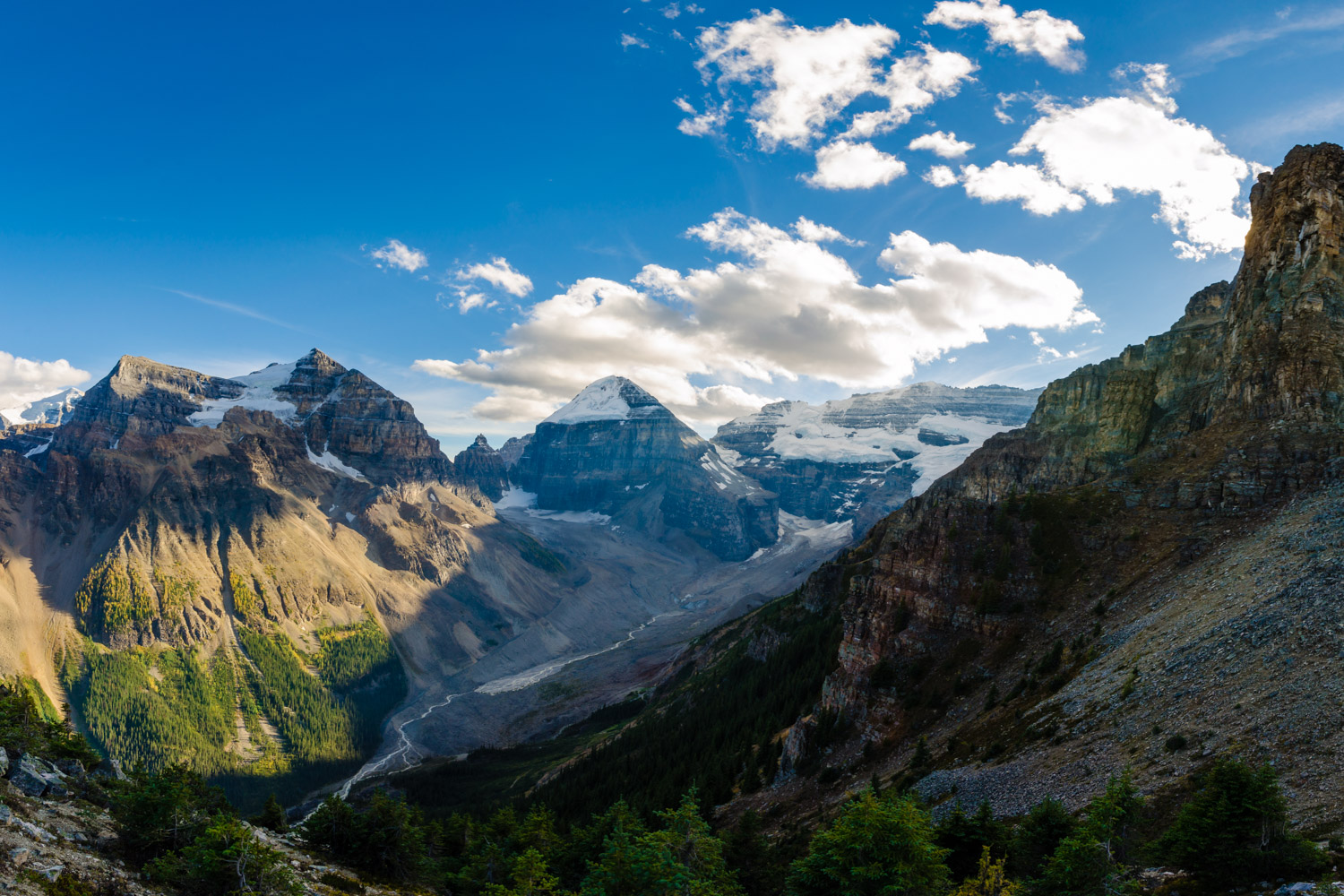 At the top of Devil's Thumb, looking down over the Plain of Six Glaciers.