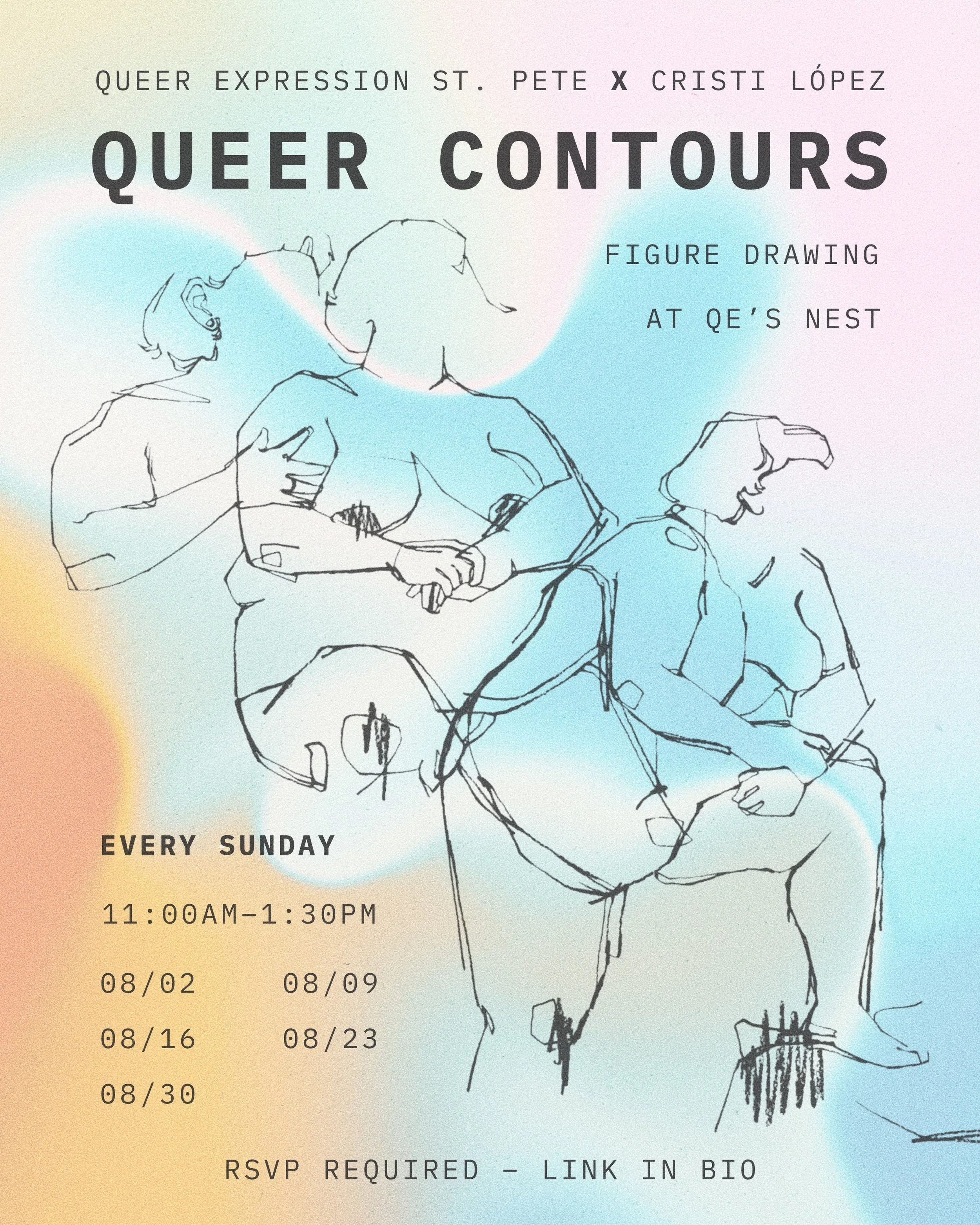 Queer Contours is back with a new schedule! 🩵 RSVP for this Sunday session via link in my bio. RSVP links for all August dates will be added soon. 

Queer Contours, a figure drawing series created by Queer Expression and Cristi L&oacute;pez, centers