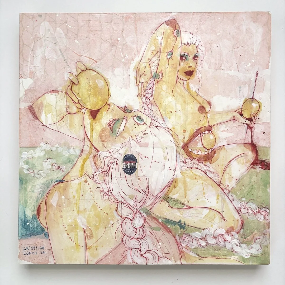  Ripe When Soft,  2025 
Colored pencil, acrylic, and collage on paper mounted to panel; 16” x 16” 
SOLD