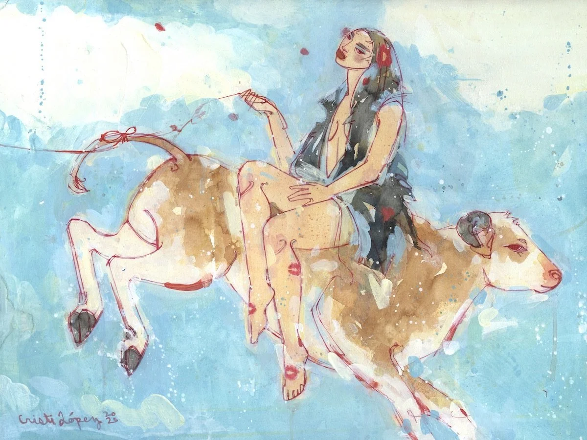  Lady Godiva,  2025 
Colored pencil, acrylic, and collage on paper mounted to panel; 24” x 18” 
PRIVATE COLLECTION