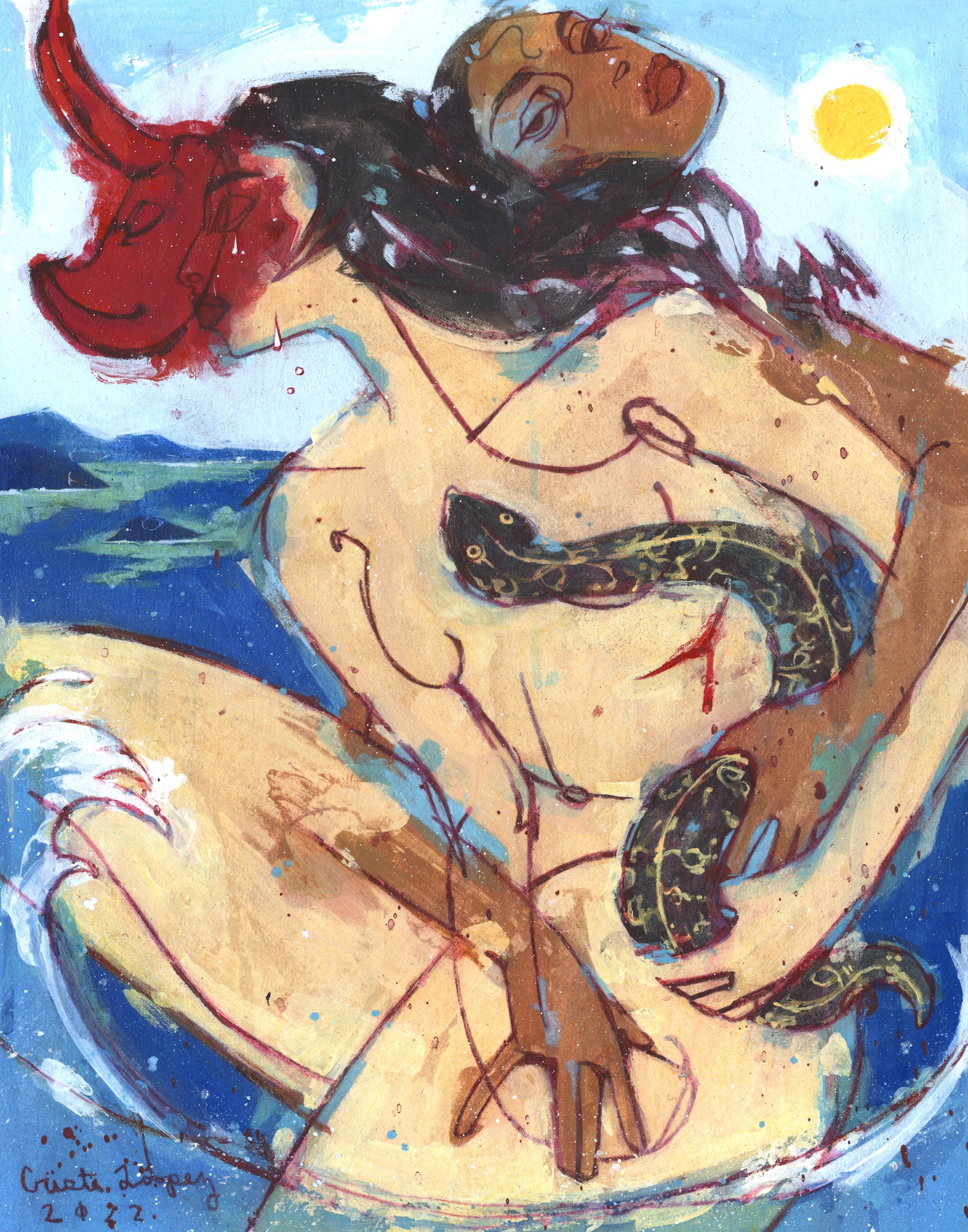  Diabla,  2022 
Colored pencil, acrylic, and collage on paper mounted to panel; 9” x 12” 
PRIVATE COLLECTION