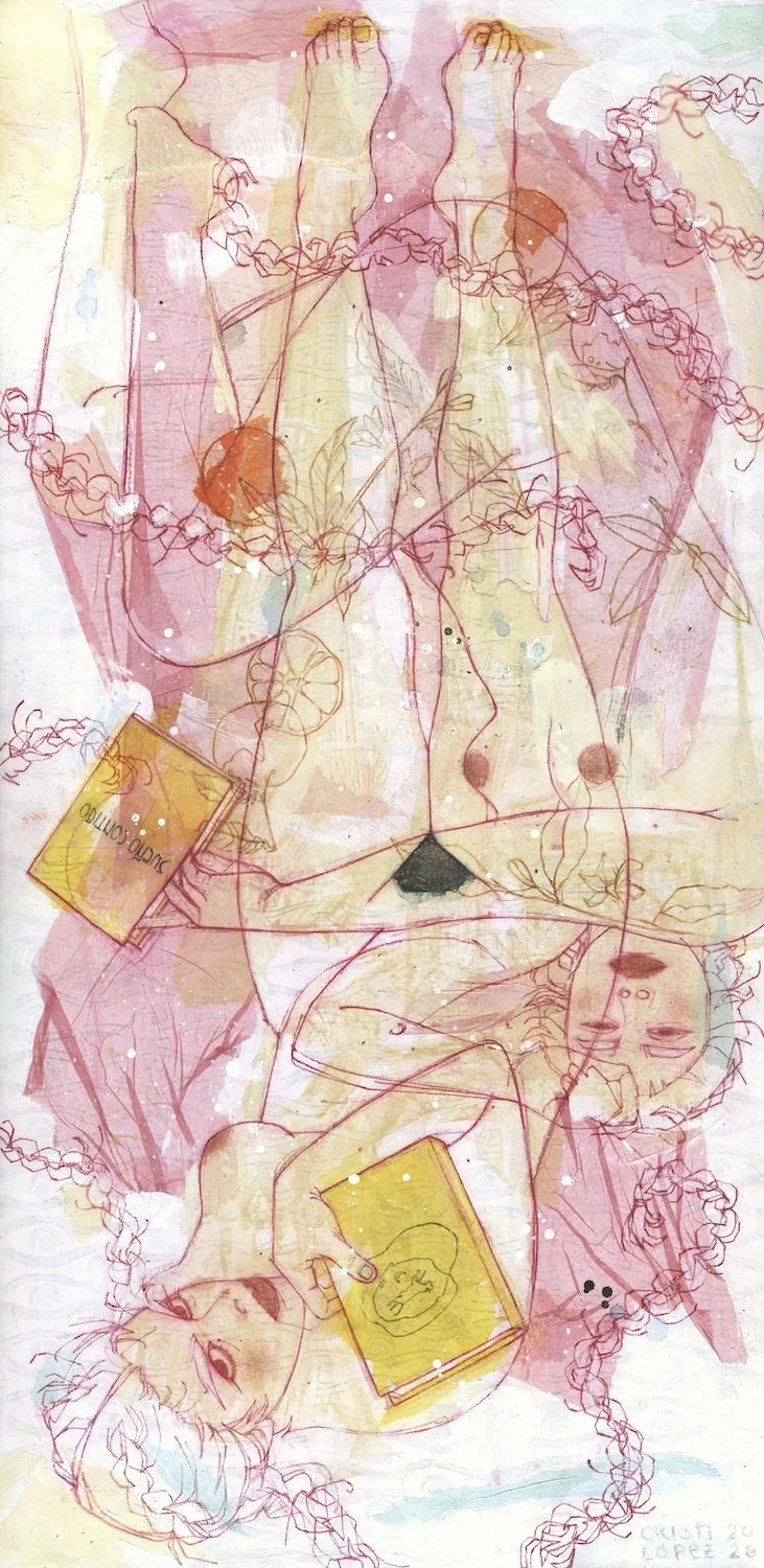 Morir Soñando, 2026
Colored pencil, acrylic, and collage on paper mounted to panel; 12" x 24" diptych
AVAILABLE