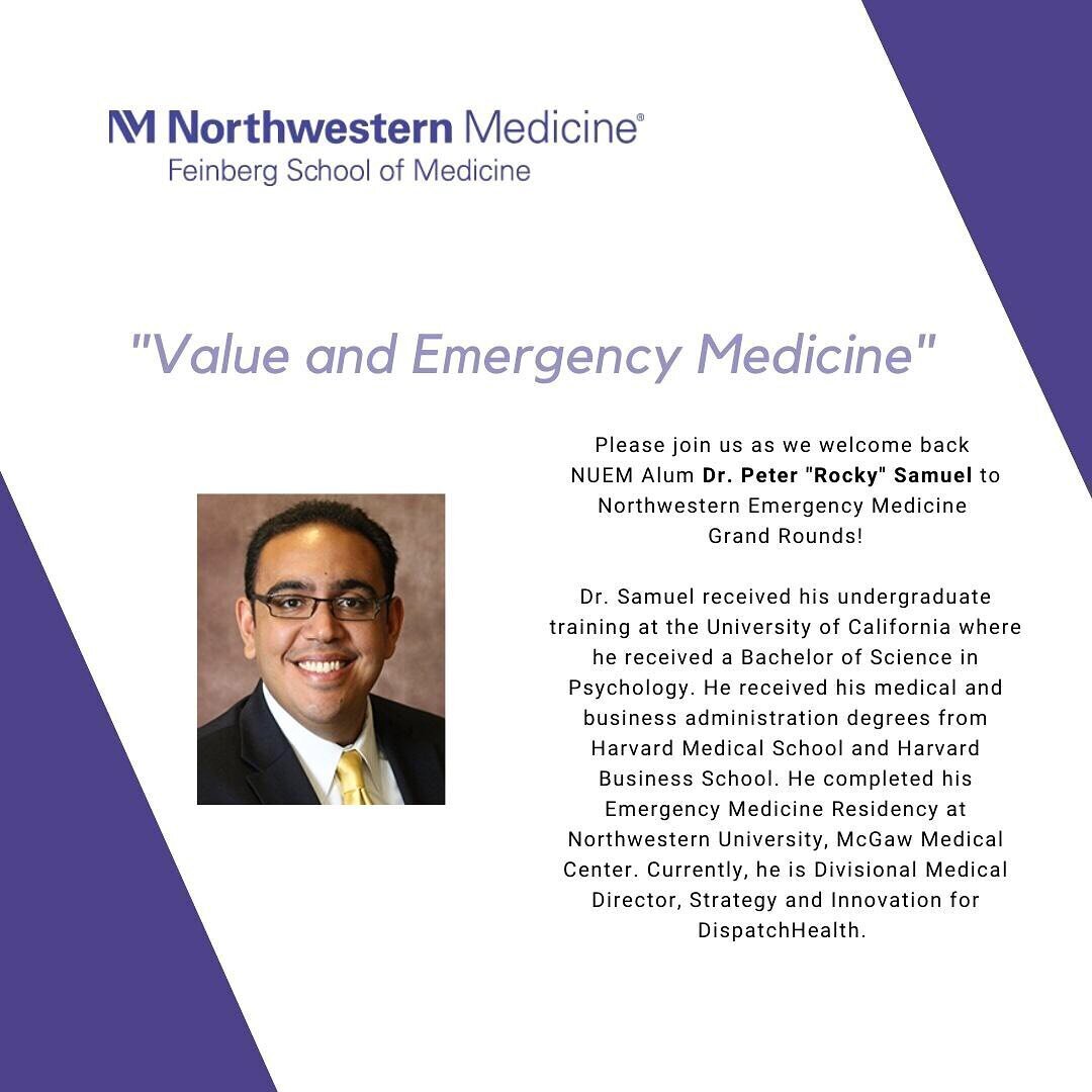 This week for #EMConference we welcome NUEM Alum Dr. Peter &ldquo;Rocky&rdquo; Samuel for our Grand Rounds! 👏🏻 #whynuem