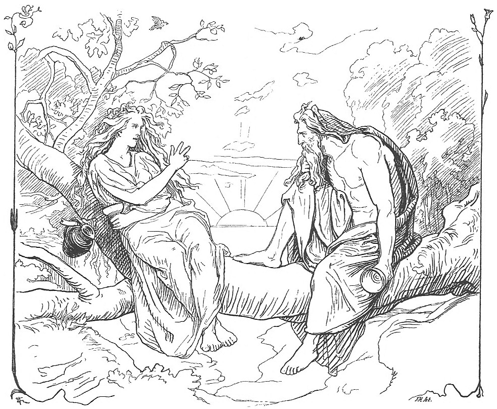 The goddess Sága chats with the god Odin in an illustration by Danish artist Lorenz Frølich (1895). Image from Wikimedia Commons .