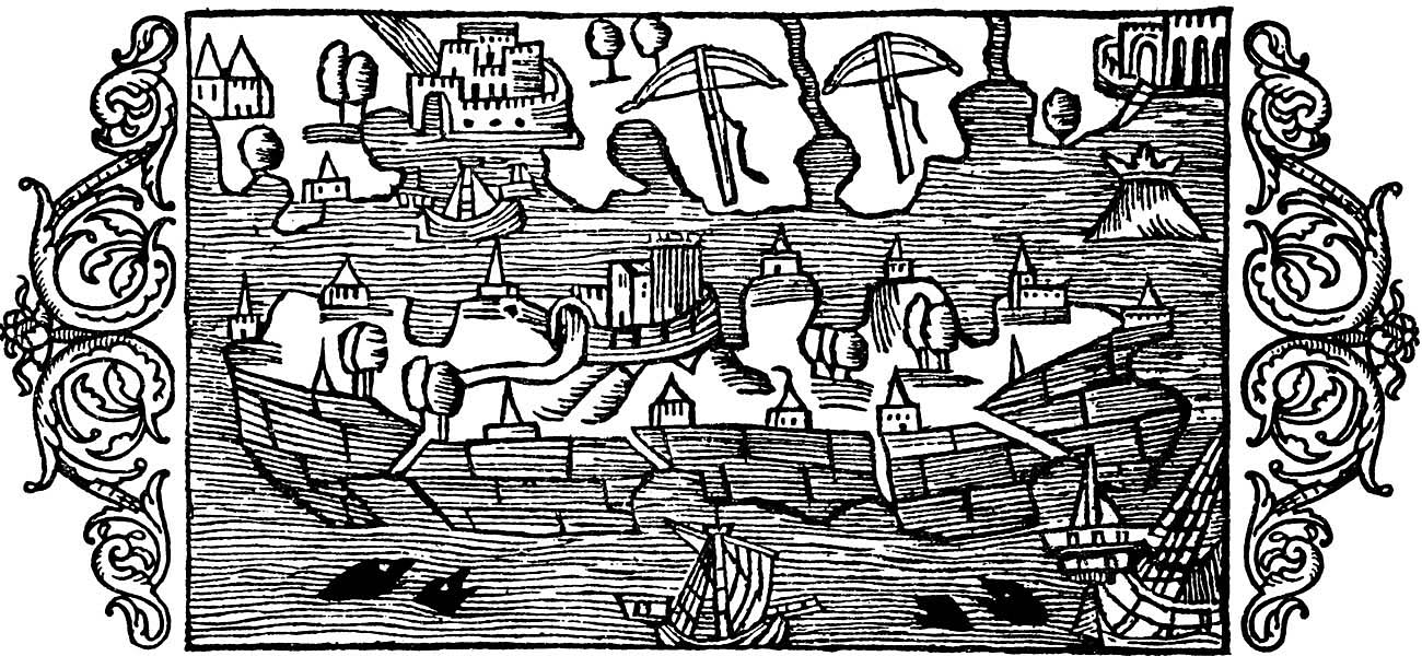 An illustration of the Swedish island of Öland and some of its neighboring shores from Olaus Magnus's Historia de gentiles septentrionalibus (1555). To the top right of the island is a small island with a crown upon it, representing Blå Jungfrun.