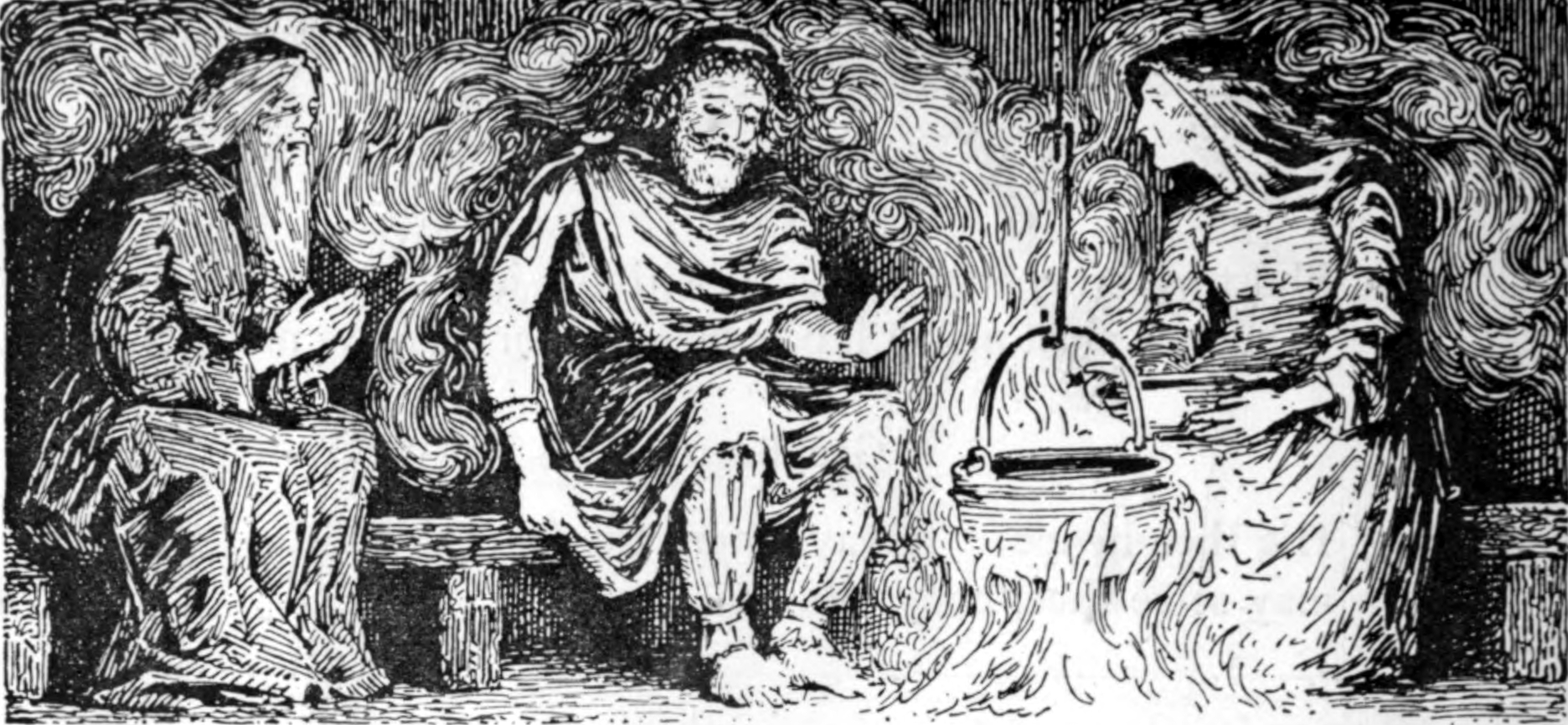 A 1908 illustration by W. G. Collingwood from the Poetic Edda poem Rígsþula , in which the enigmatic god Heimsdallr visits an elderly man and woman. After he sleeps between them, the elderly woman is pregnant with the embodiment of a social class, Þræll ('slave, serf, thrall'). Image via Wikimedia Commons .