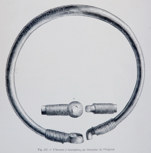 An 1875 illustration by Henric Trenk of perhaps the most famous find regarding the Goths, the Ring of Pietroassa . The ring was found in what is now Romania in 1875. Image via Wikimedia Commons .