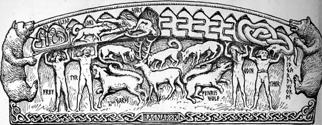 Ragnarök (motif from the Heysham hogback) by W.G. Collingwood, 1908. Wikimedia Commons.   