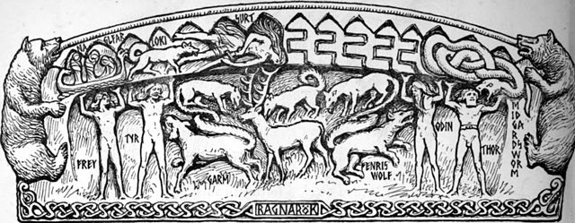 Ragnarök (motif from the Heysham hogback) by W.G. Collingwood, 1908. Wikimedia Commons . 