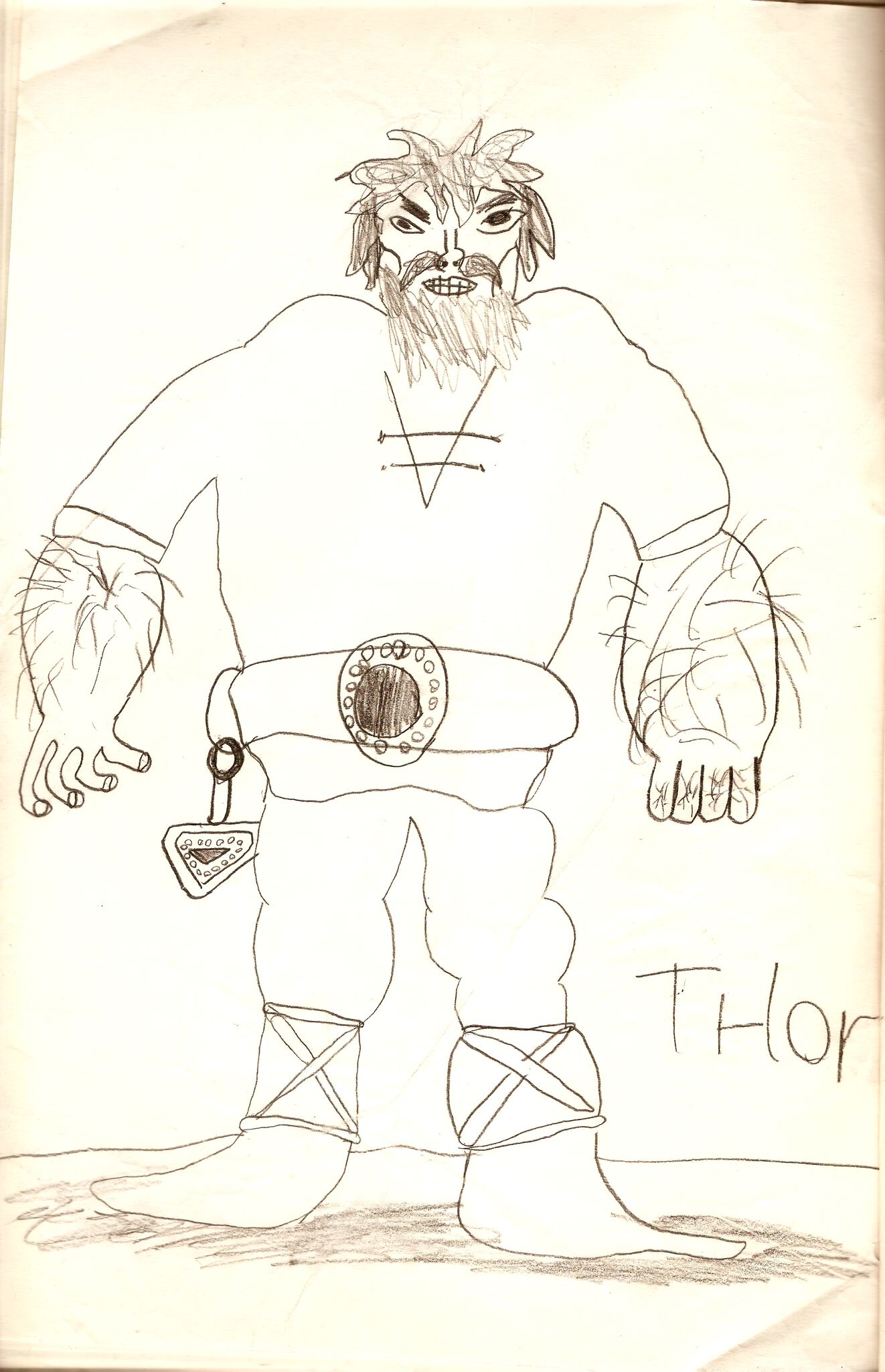 A burly Thor, ready to rumble and strongly influenced by Peter Madsen's Valhalla comic depiction, a series extremely popular in Denmark. Illustration by Kim Larsen as a child.