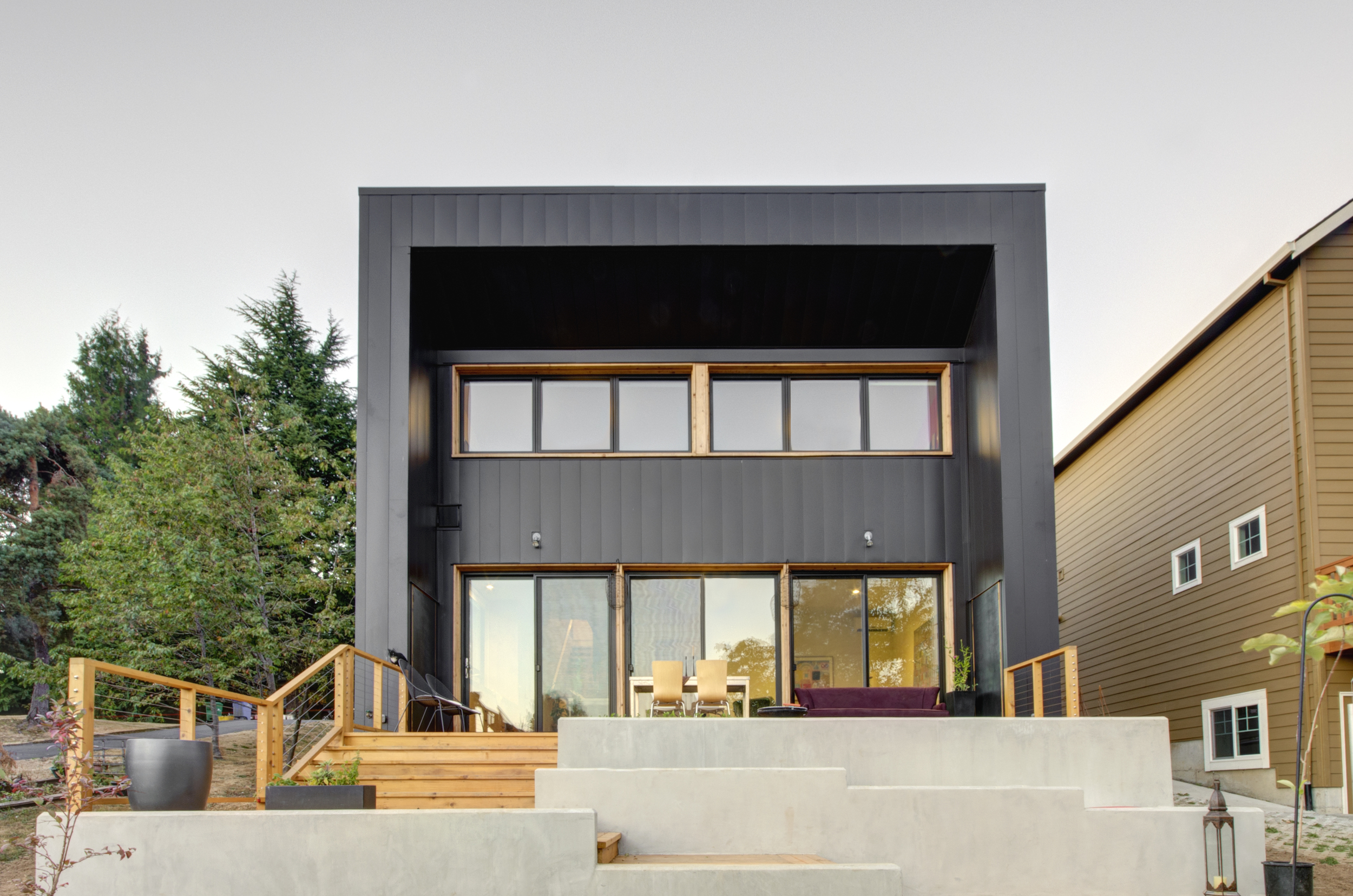 The home is oriented to the south both for views and capture of passive solar heating during the winter. Metal and cedar siding contribute to a low-maintenance exterior.