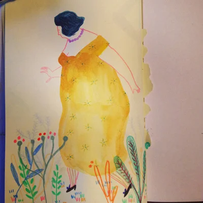 woman in yellow watercolor and color pencil, 2014