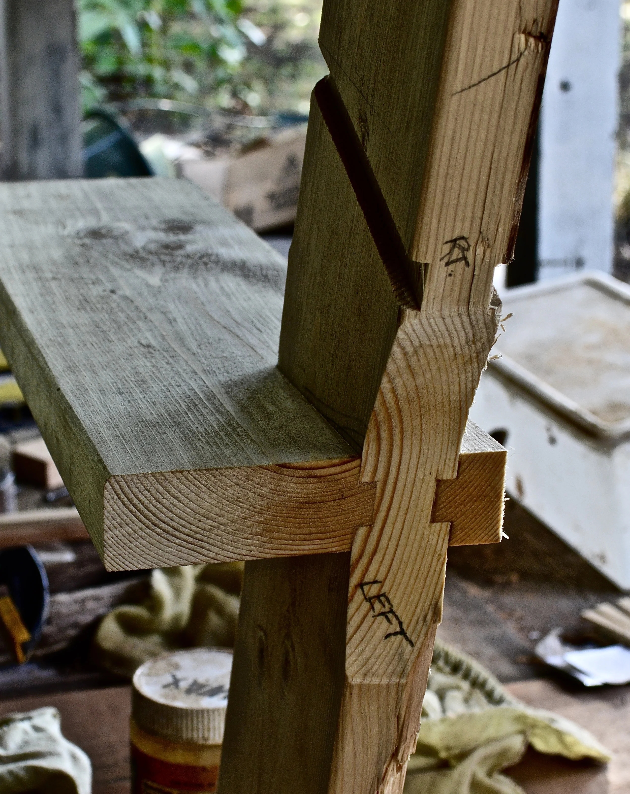 This is the prototype joint I'm going to use in the conoid chair. I have never seen this application for this joint so I needed to see if it could be made. Sometimes thinking things can be done doesn't translate. Turns out it can, with great care. Making the joint with an old 2x6 taught me what I needed to pay attention to while cutting the joint- it's not a simple joint. The included angle between the seat and leg is 78 degrees front to back and 3 degrees in to the bottom, side to side. It worked.