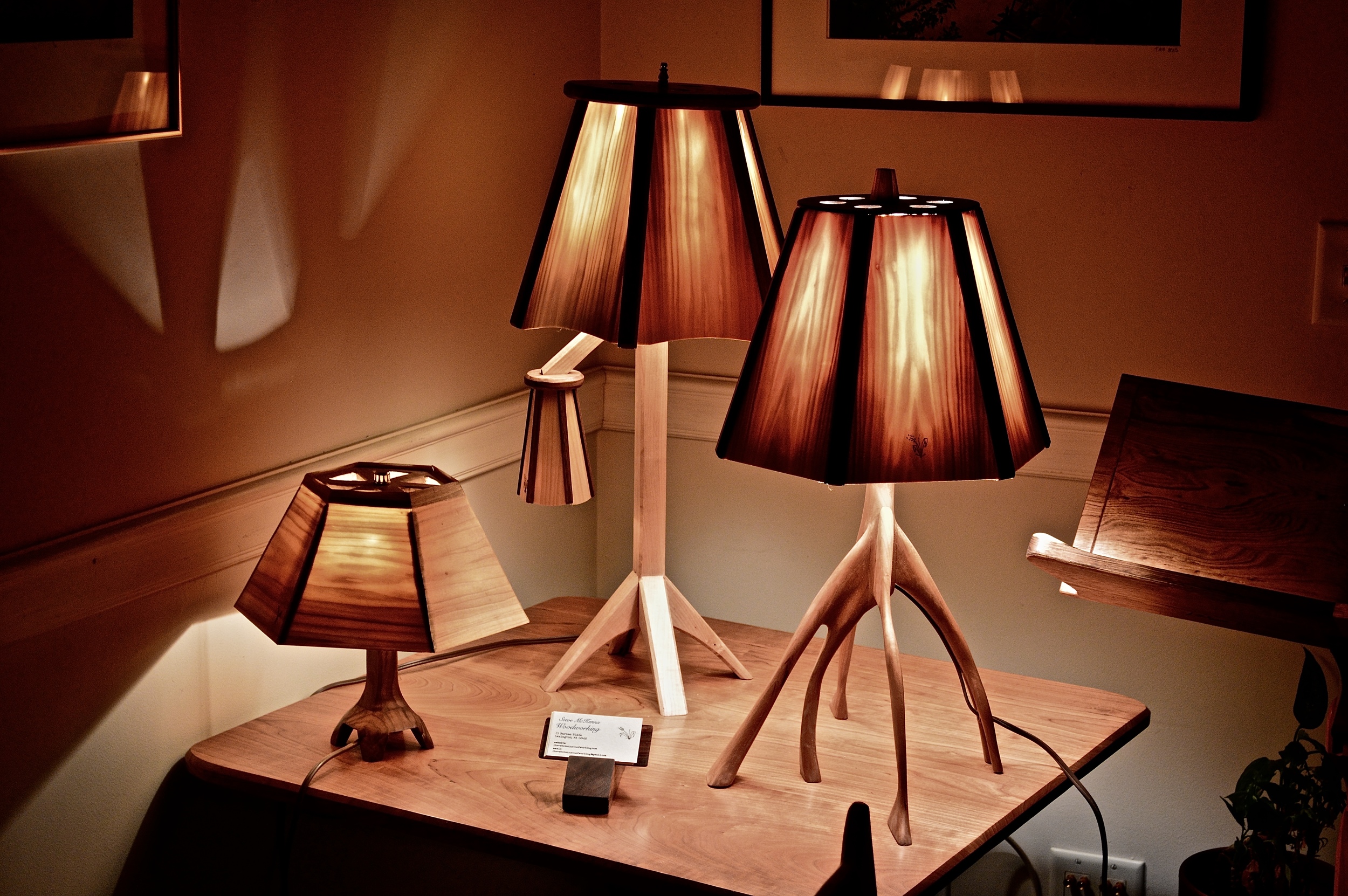 aspen panels (1/16" thick) , walnut frame, walnut, maple, cherry base (l-r)