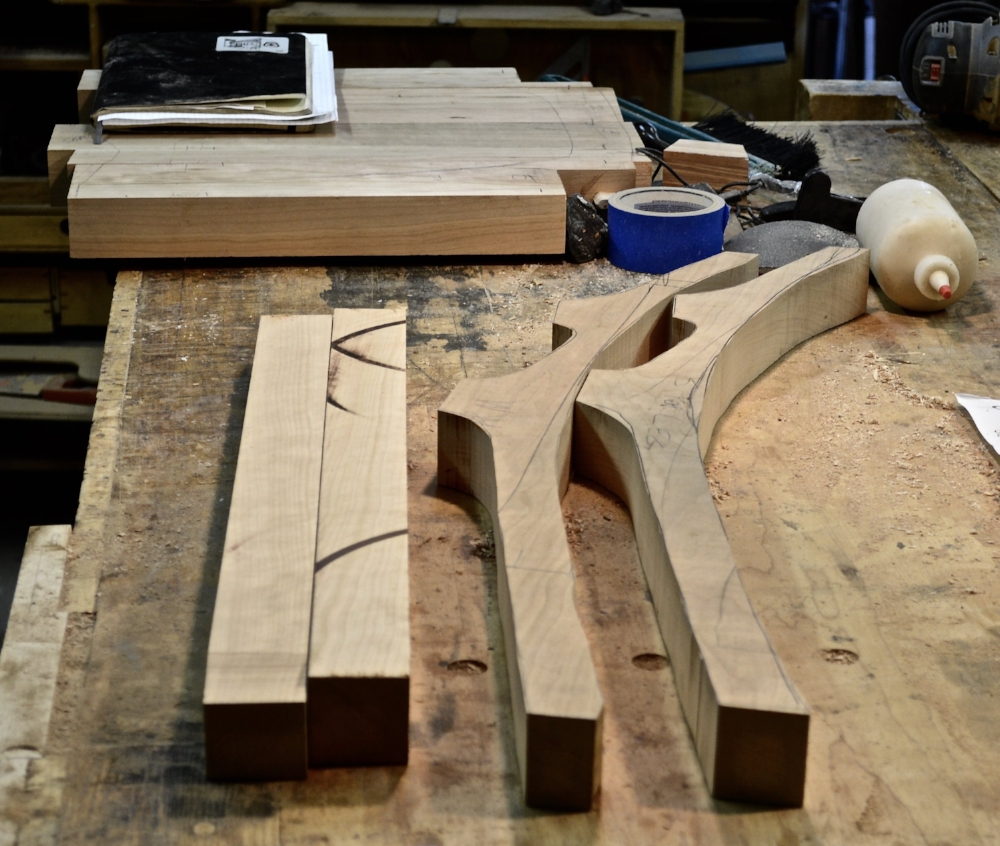 I am actually going to make 2 chairs at the same time- the low backed conoid chair and a low backed Sam Maloof style chair which I have made before in walnut. Here are the pieces- the seat and the front and back legs.