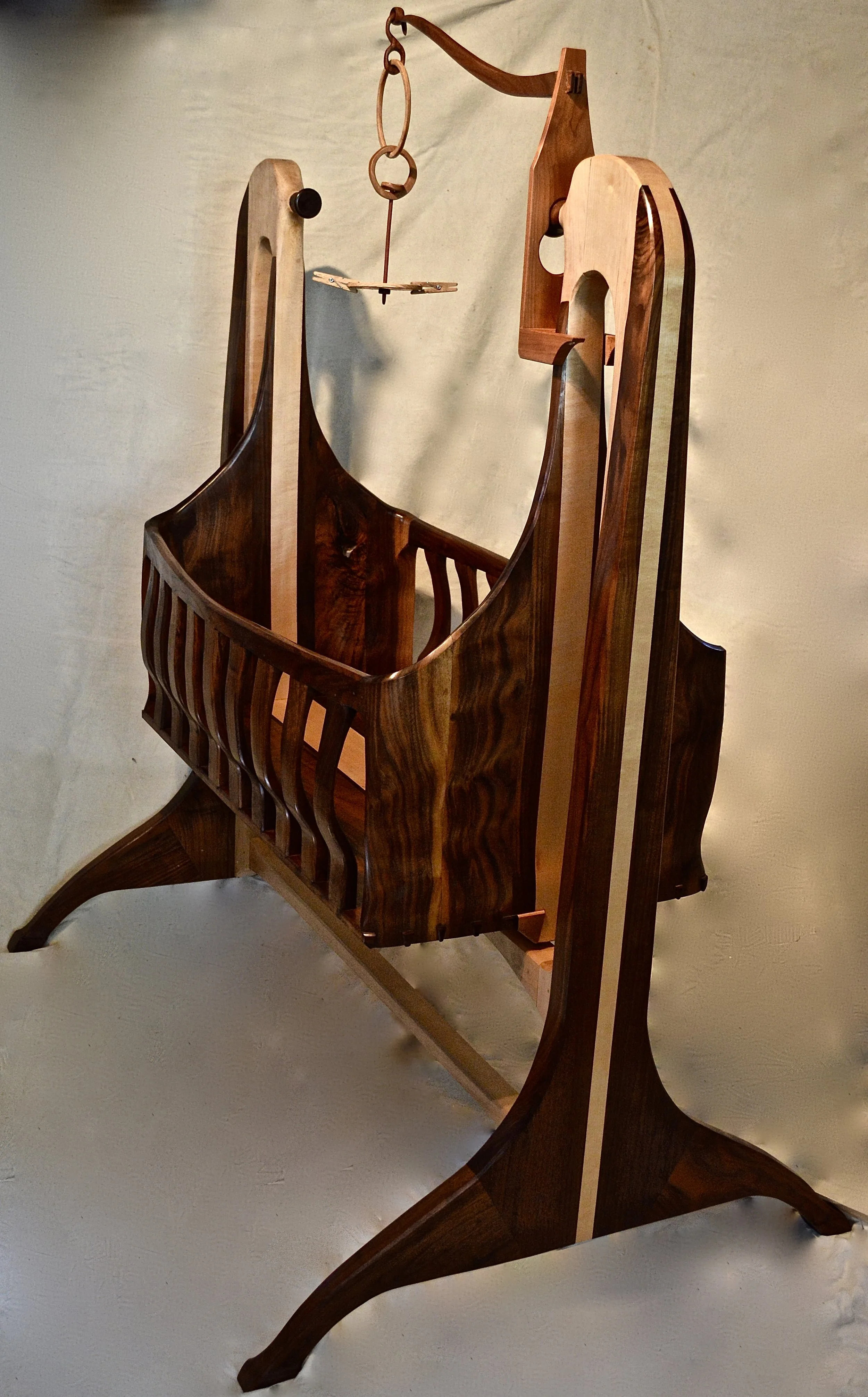 walnut and maple cradle w/mobile