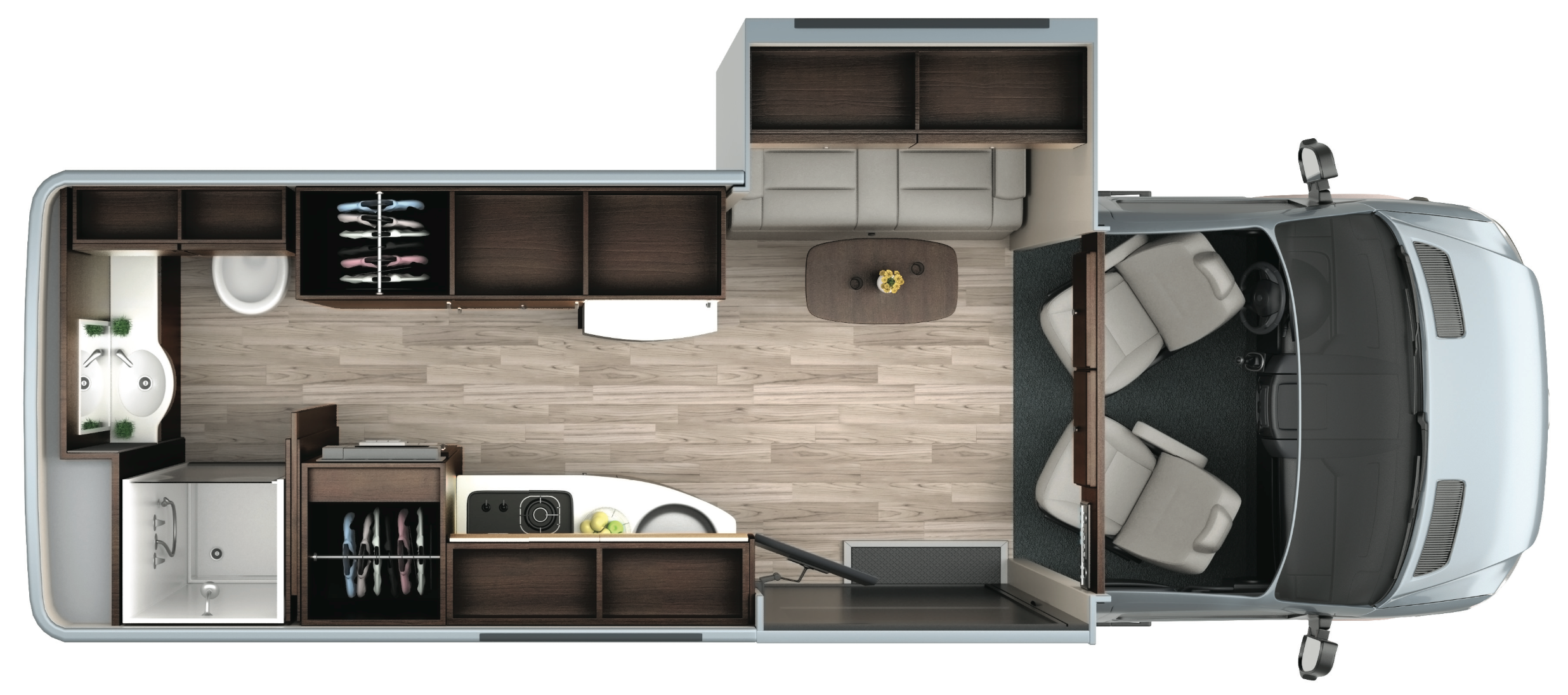 The LTV Free Spirit SS floorpan showing the interior storage areas in dark brown, plus an outside storage area accessible from the rear doors. The slide-out has storage cabinets above the sofa that converts to a bed.